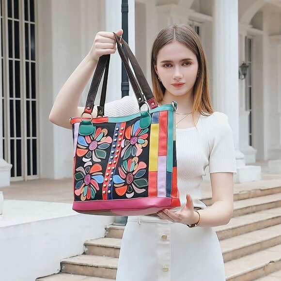 Women Leather Tote Bag Large with Zipper Floral Patchwork Stylish Purse - Picture 2 of 6